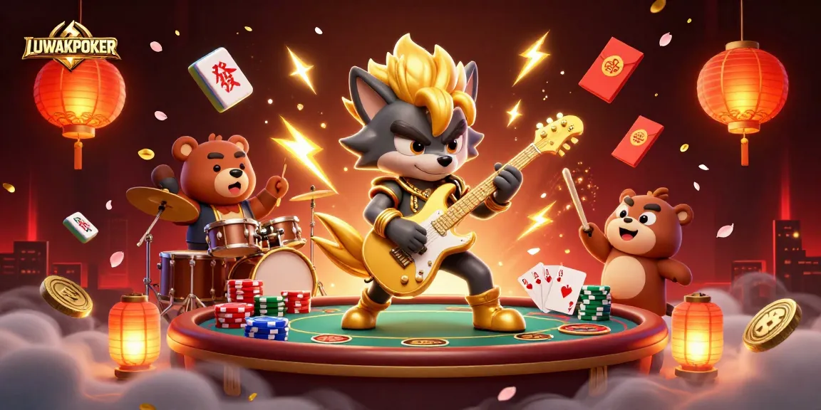 LUWAKPOKER's electrifying casino scene showcases a rock star wolf and drummer bear entertaining with poker elements.