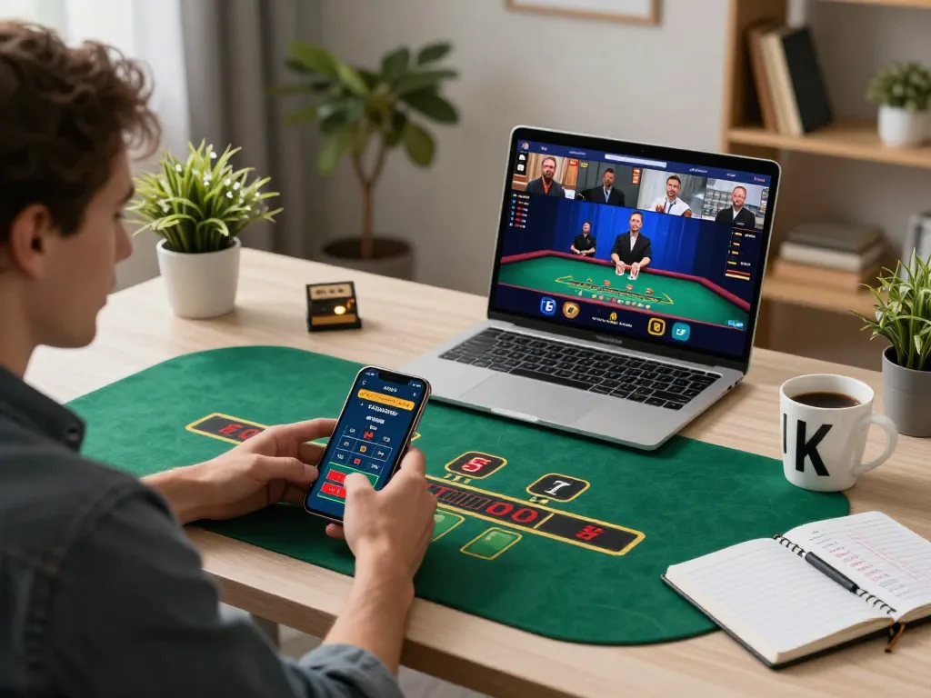 Player engaging in live dealer blackjack gaming on uk88 platform with laptop and smartphone.
