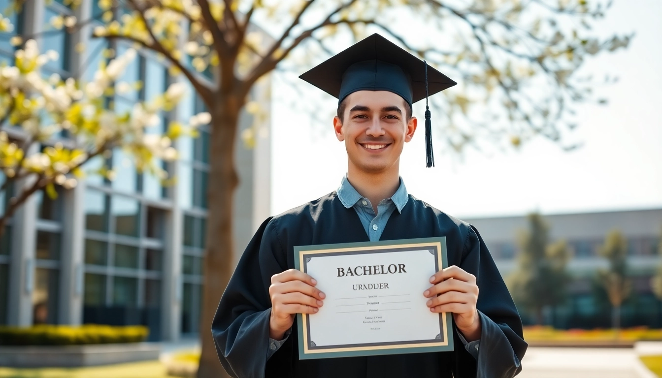 A proud graduate holding a bachelor urkunde surrounded by a vibrant university setting, celebrating academic success.
