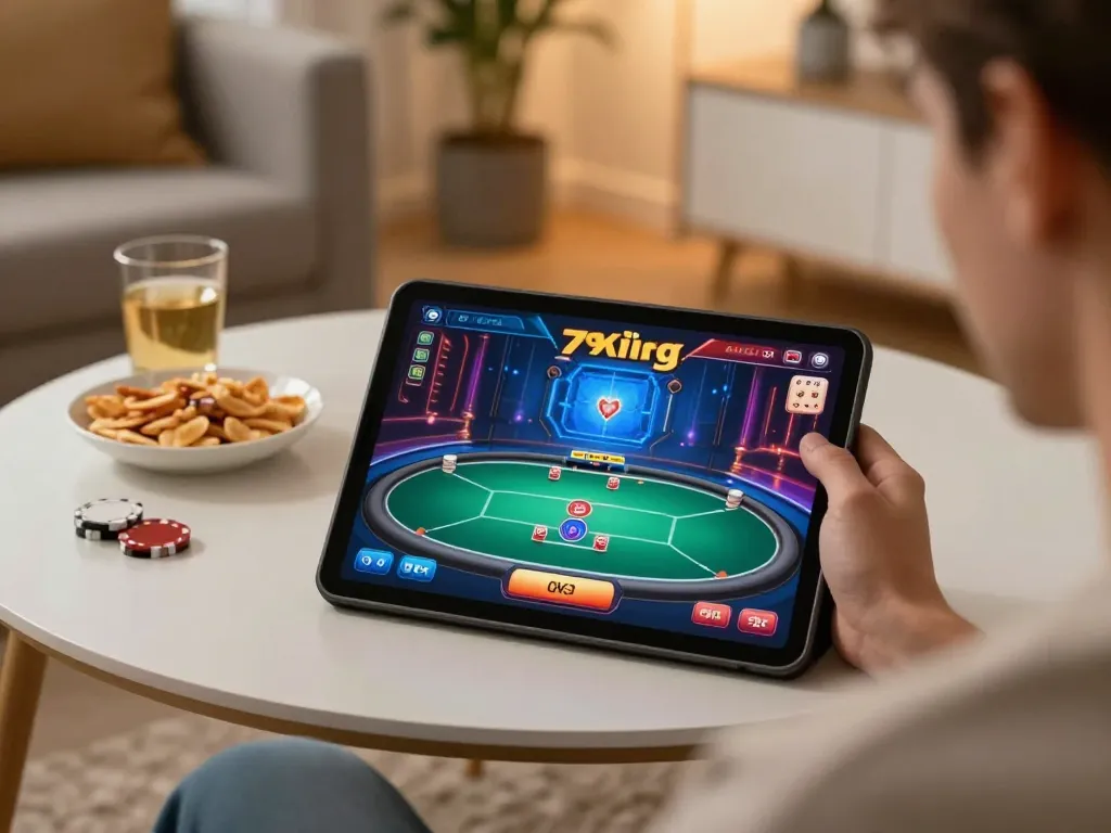 Play exciting poker at 79king on a tablet, enjoying a cozy home atmosphere.