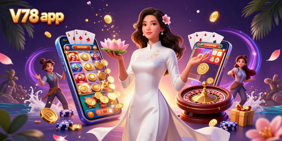 Rasakan pengalaman gaming yang mendebarkan dengan aplikasi V78 yang menampilkan permainan slot berwarna-warni, koin emas, dan suasana kasino yang hidup.