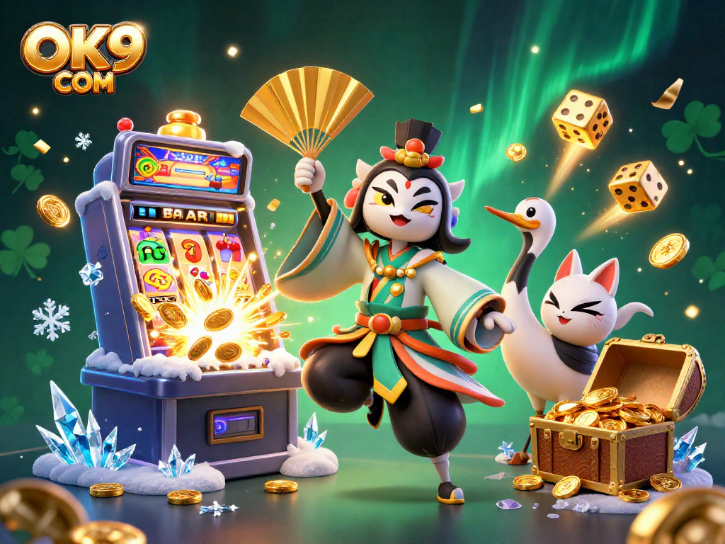 Experience thrilling games at OK9 COM with a vibrant 3D casino illustration showcasing dynamic action and visuals.