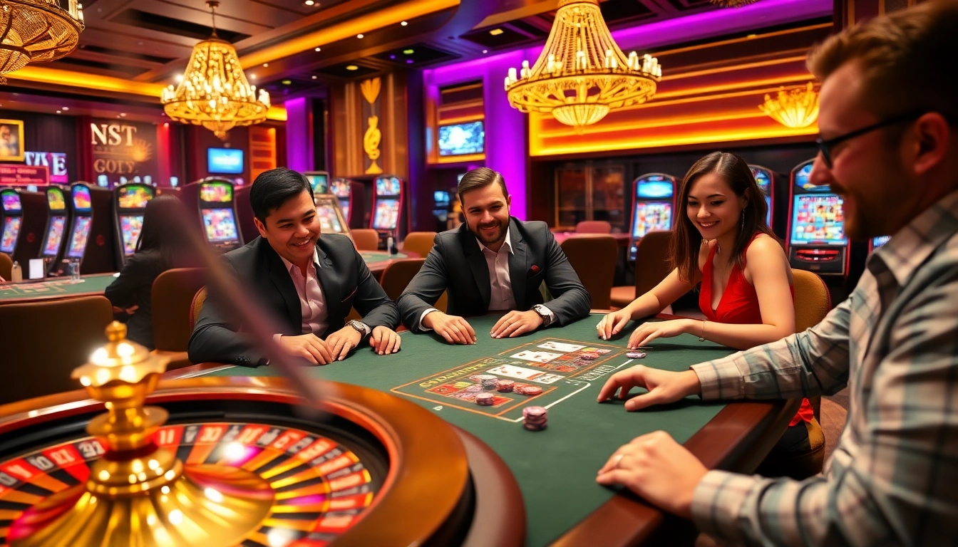 A professional poker game at Iwin68 casino, showcasing vibrant chips and cards against a luxurious backdrop.