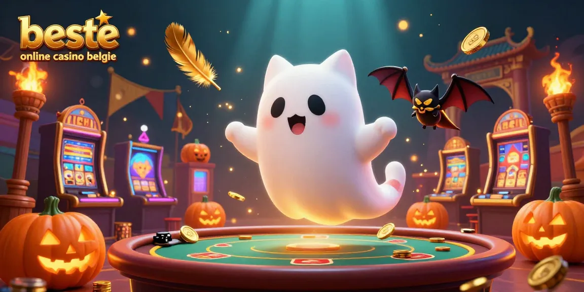 Engage with the best online casino belgie experience through an enchanting 3D illustration of a floating ghost cat, bat companion, and Halloween-themed elements.