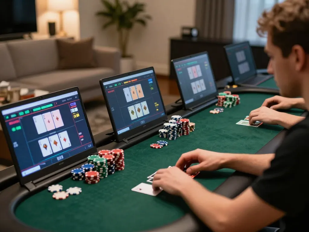 Players strategize in an online poker game on tg88, showcasing immersive betting action and stylish gaming setups