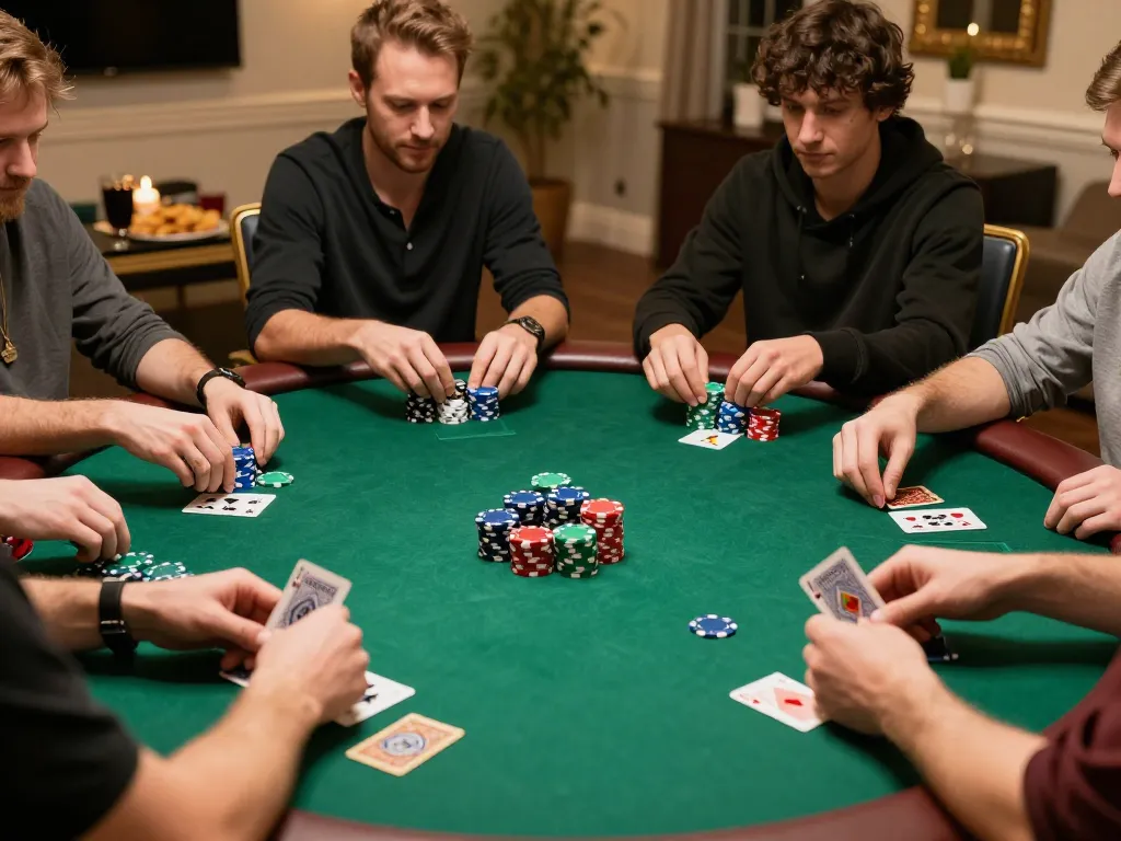 Hitclub players engaged in a high-stakes poker game at home, showcasing strategy and fun.