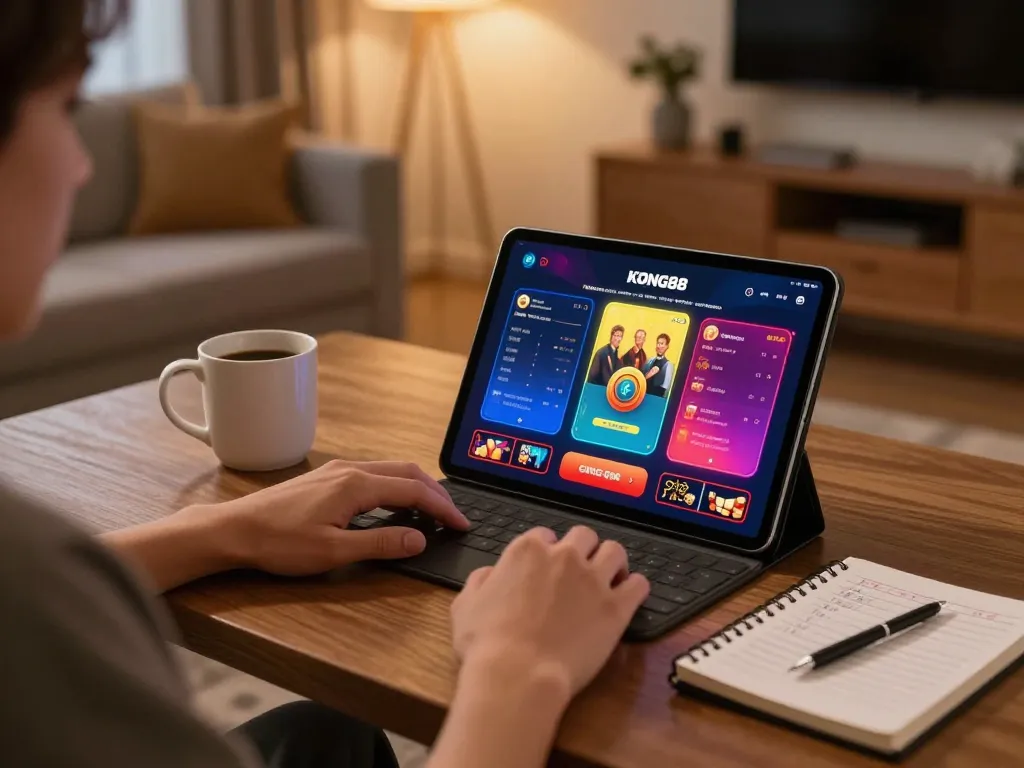 KONG88 users enjoying online casino gaming on tablet with strategy notes at home