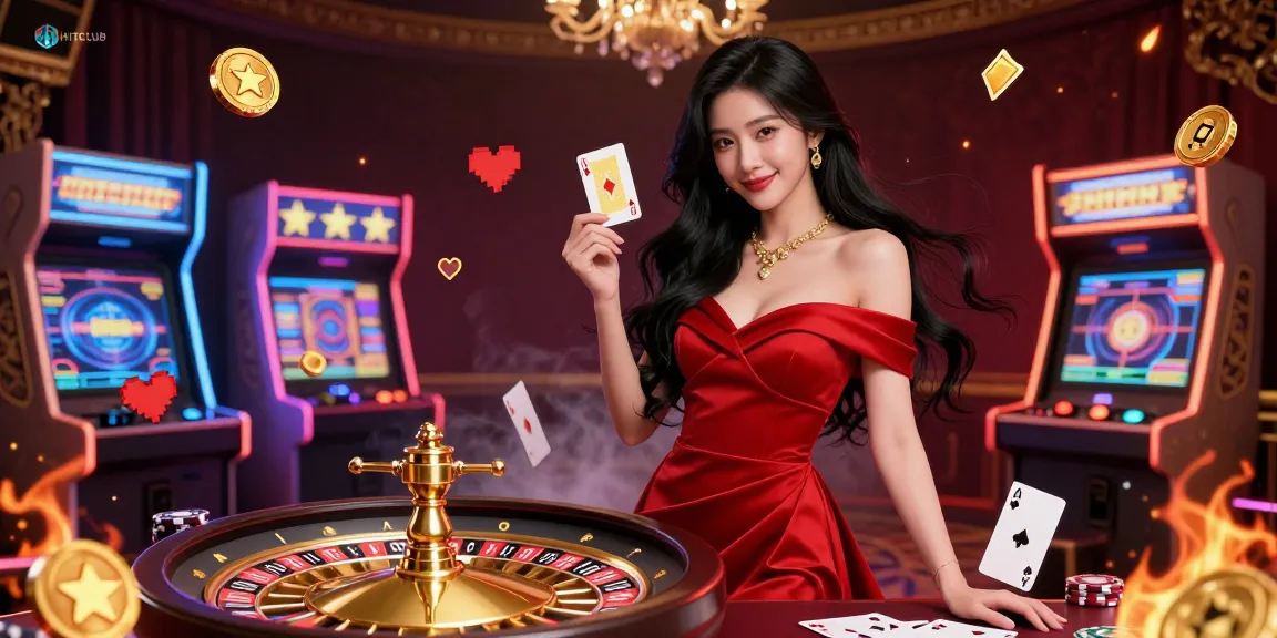 Experience thrilling gaming at HITCLUB with a stunning 3D illustration showcasing a glamorous casino scene.