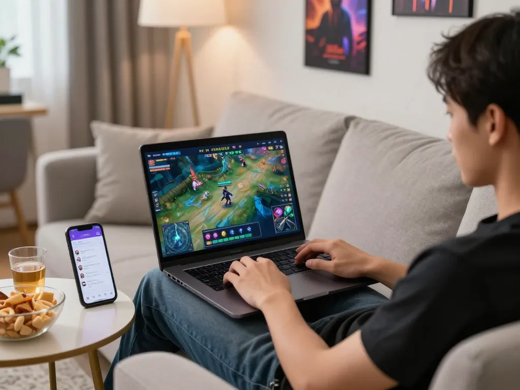 Experience the thrill of online gaming with link rikvip mới nhất on your laptop, in a cozy gaming setup