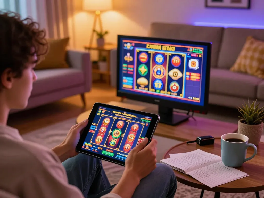 Taya777 player engaged in online slot gaming on tablet within a cozy home setup.