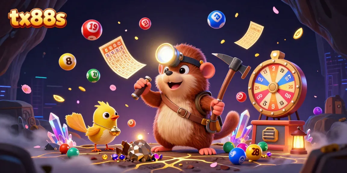 Engaging tx88s casino experience with colorful lottery elements and treasure-themed characters.