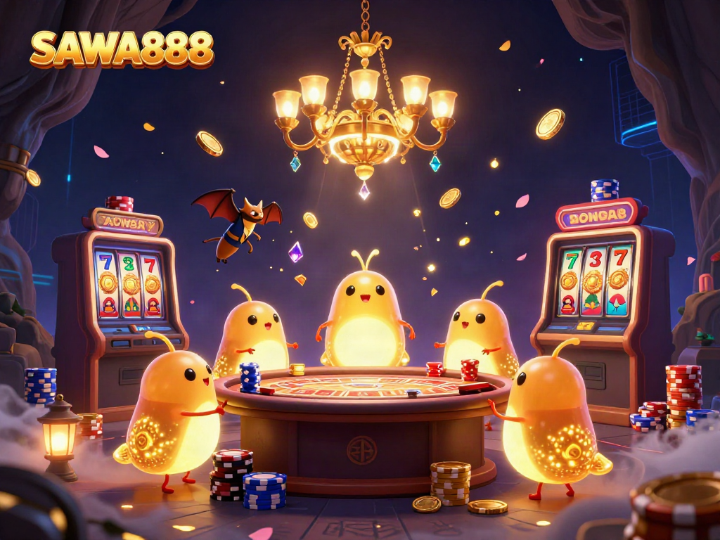 Spin the reels with SAWA888 in a vibrant glowworm-lit casino atmosphere, featuring colorful slots and poker.