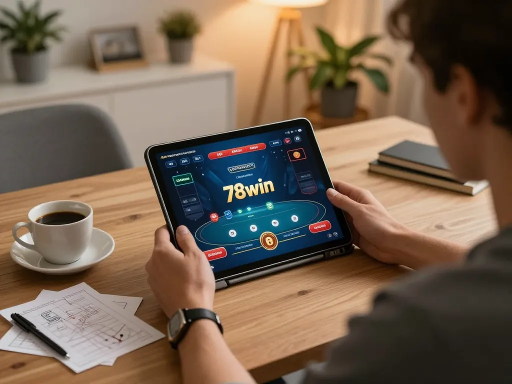 Engaging poker gameplay on 78win app with a user strategizing in a cozy home setting