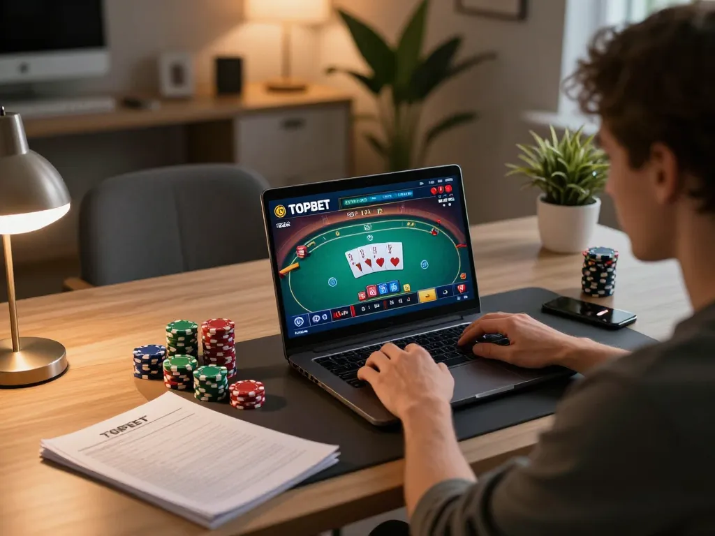 Engaging in a TOPBET online poker game, showcasing gameplay interface and strategic bankroll management.