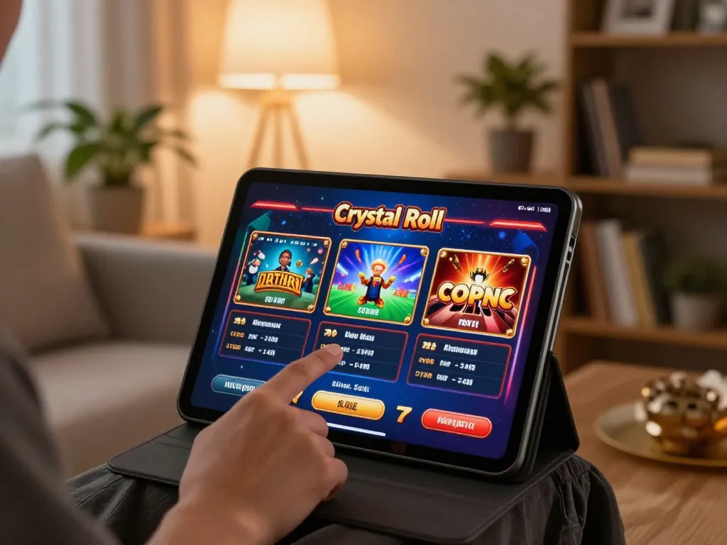 Speler die gamet op de crystalroll-eu app met levendige casinospellen in een gezellige thuisopstelling.