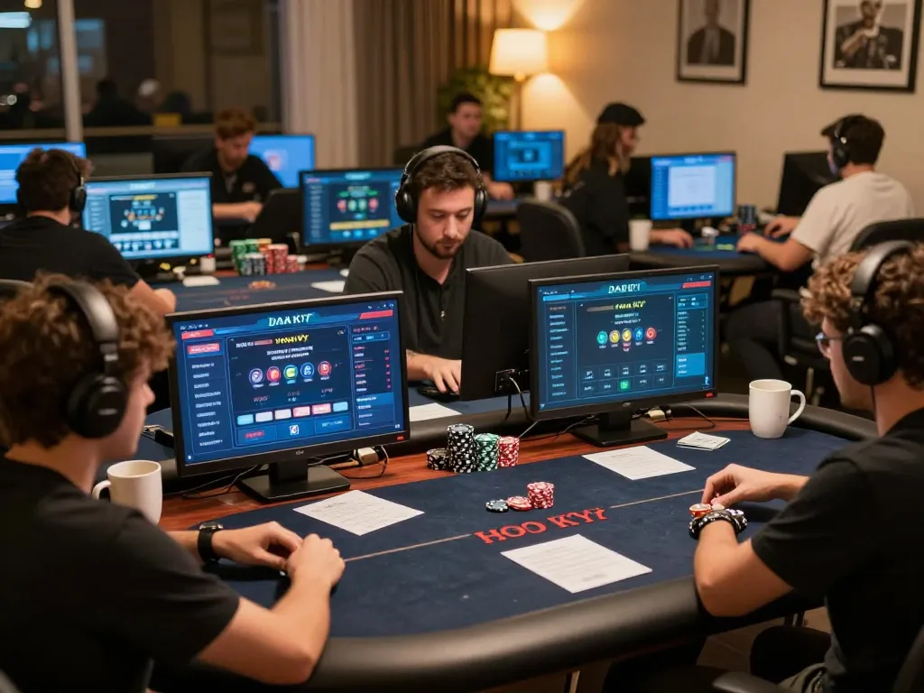DABET HOA KỲ players engaged in online poker strategy and gameplay during a cozy home session