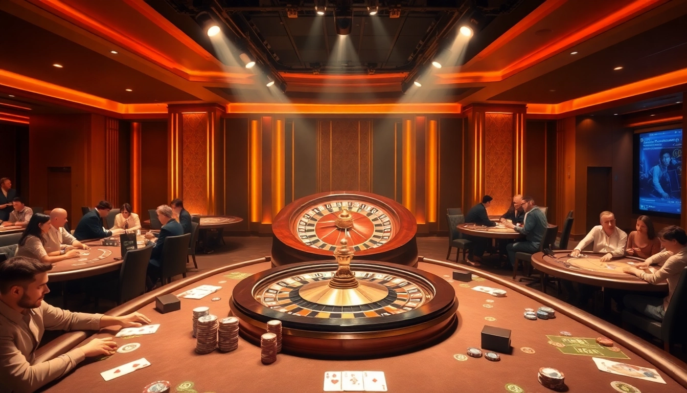 Gambling excitement at km88 casino with vibrant roulette and poker tables filled with players.