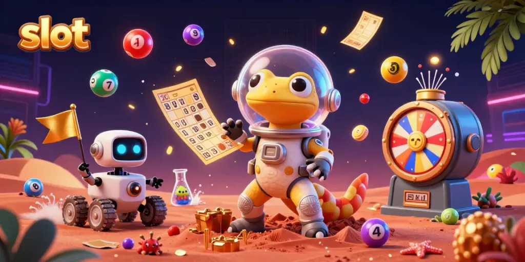 Engage with the thrilling world of slots featuring a colorful Martian scene showcasing a golden casino.