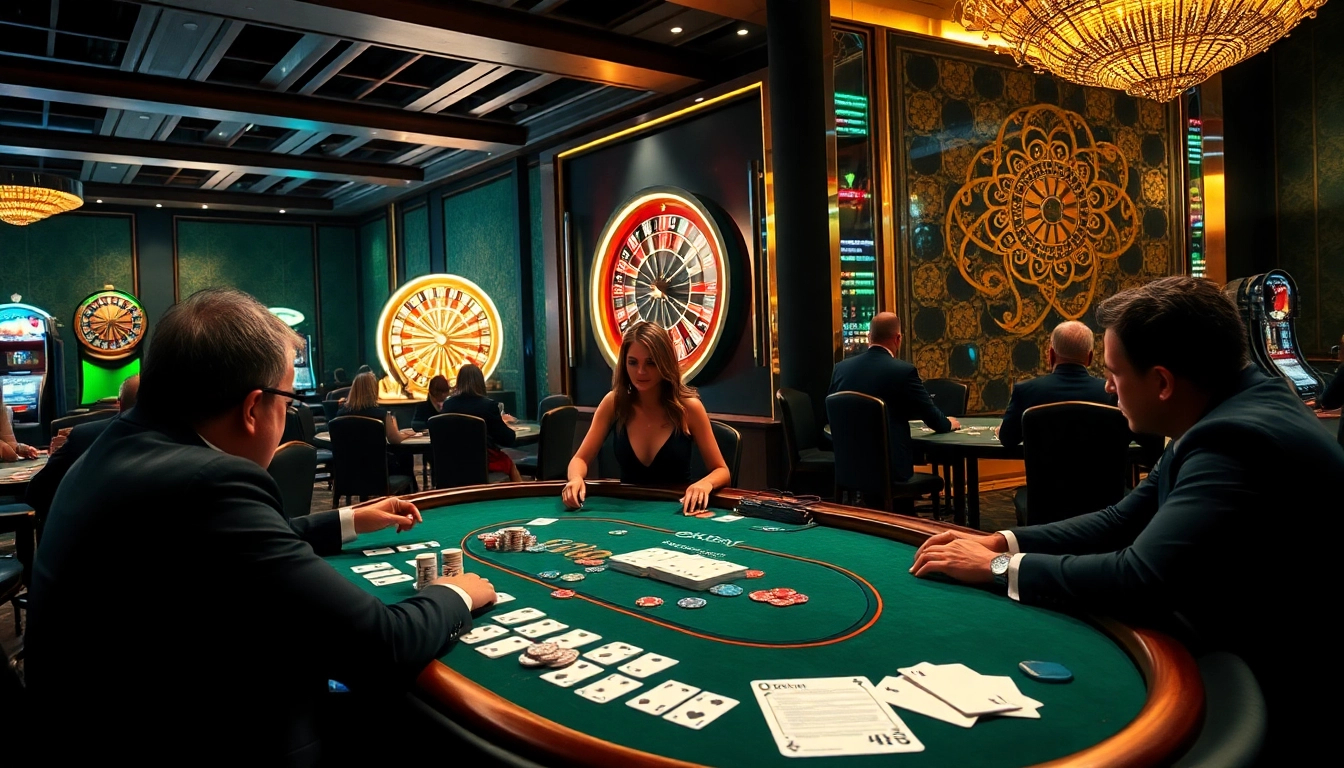 Engaged players at an Okfun casino table, showcasing poker chips and a vibrant roulette wheel.