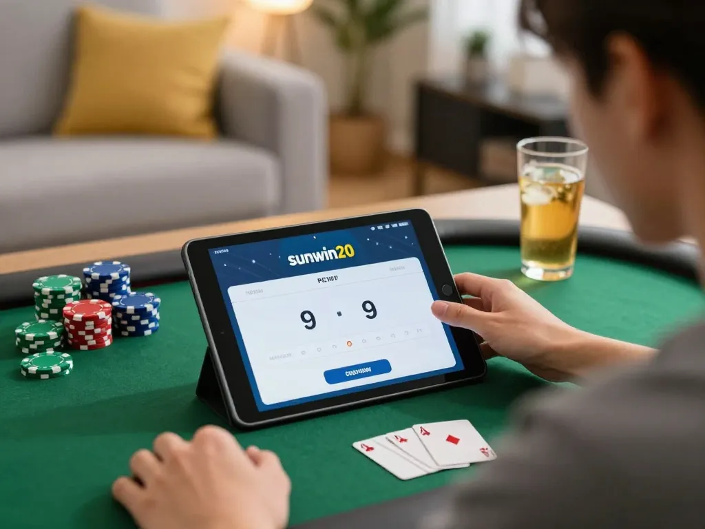 Playing sunwin20 on a tablet in a cozy setting with colorful gaming chips