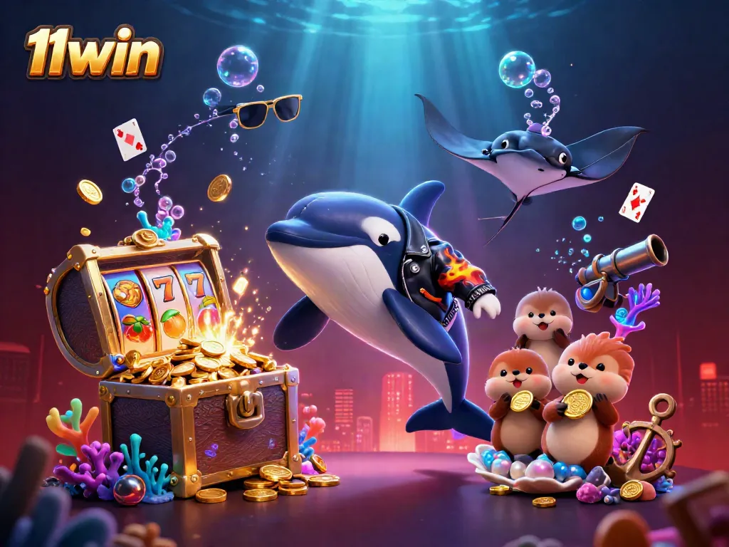 Experience thrilling gaming action with 11win's vibrant underwater scene featuring lively characters and casino elements.