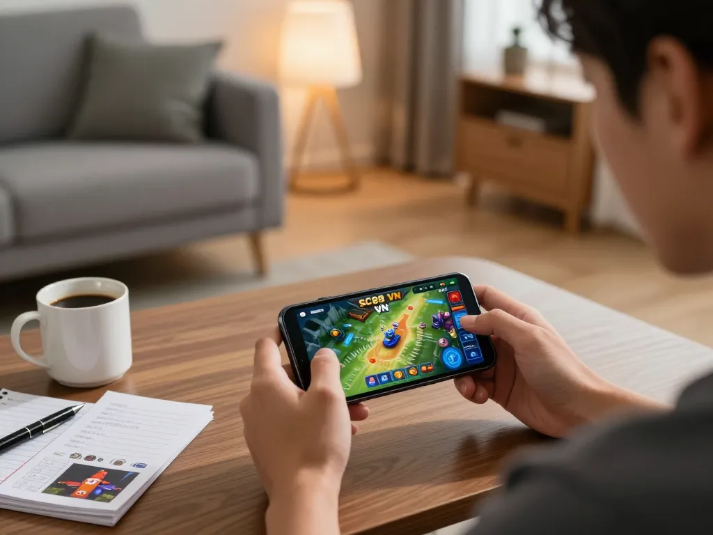 Player enjoying SC88 VN mobile app for online gaming in a cozy living room setting.