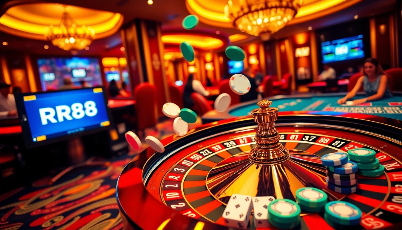 Exciting gambling scene showcasing RR88 with poker chips, roulette wheel, and vibrant casino atmosphere.