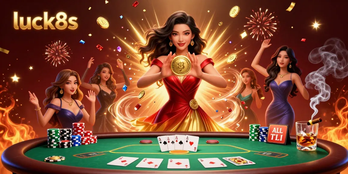 Play and win with luck8s at an exciting casino scene featuring a stunning Asian woman and dynamic poker elements.