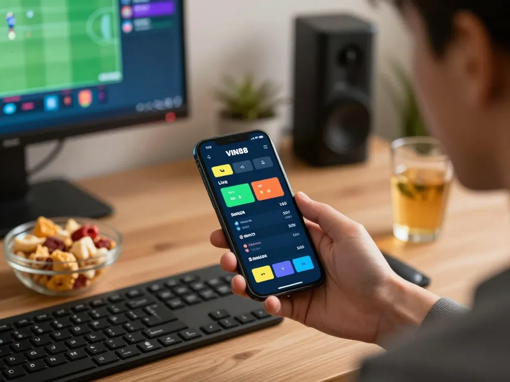 Engaged user checking VIN88 WIN betting app on smartphone during thrilling sports betting session at home.