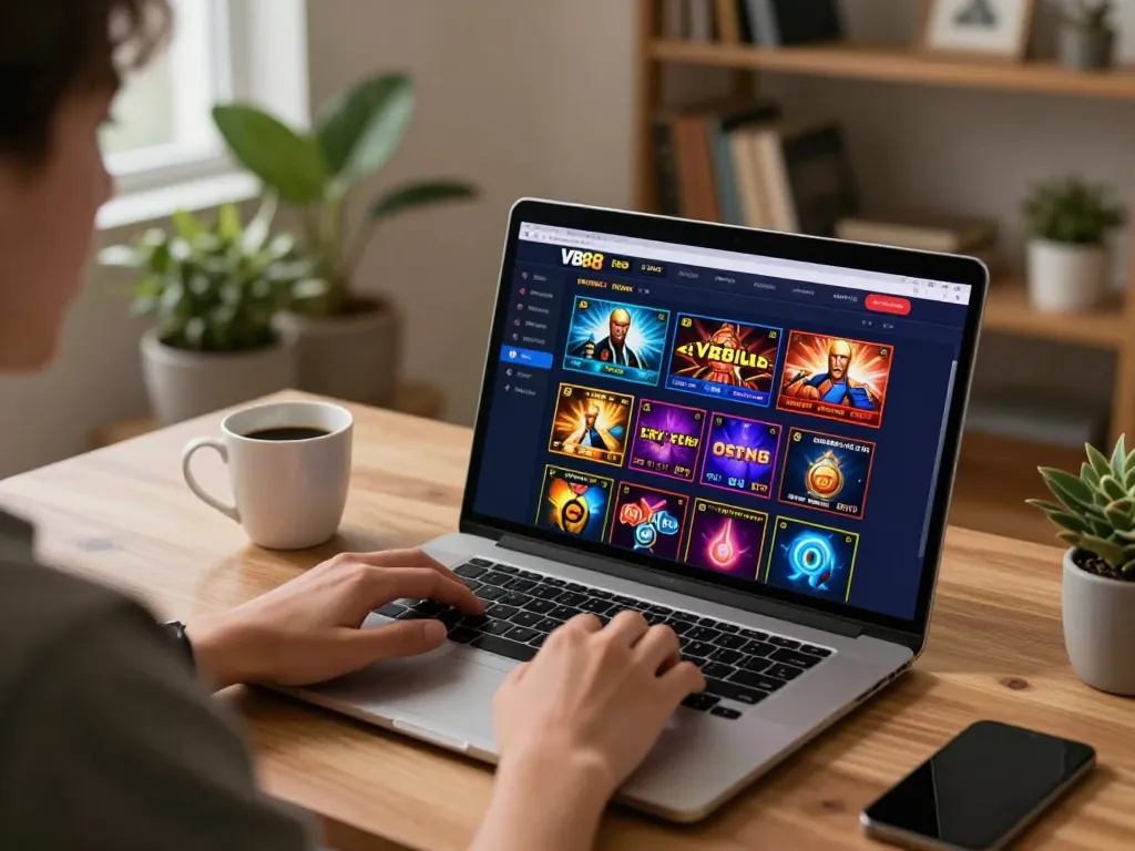 Players engaging in VB88 online casino gameplay on a laptop, capturing a modern home gaming atmosphere.