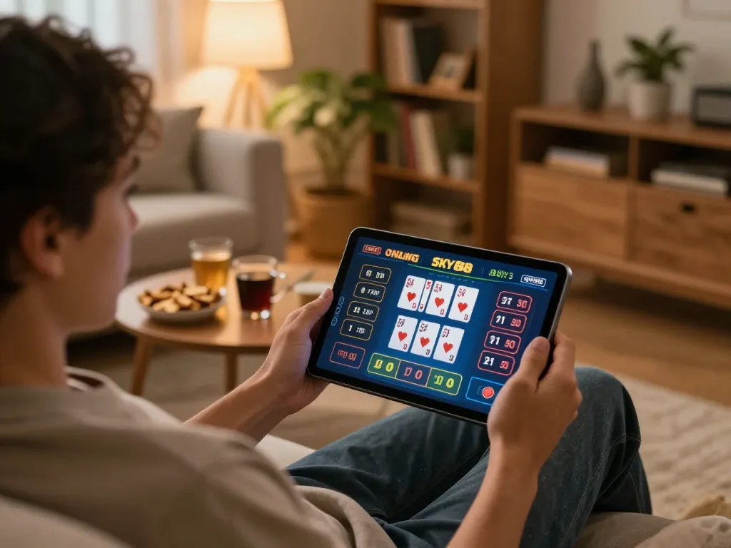 Person playing at SKY88 online casino on tablet from cozy home setting with snacks and notes