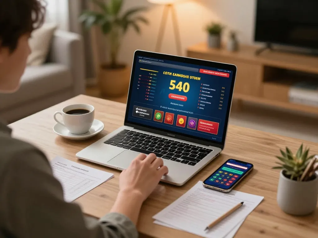 Player enjoying strategic gameplay on fly88 casino platform from home office.