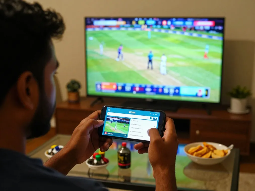 Player engaging with the Crickex app for live cricket betting at home, showcasing sports excitement