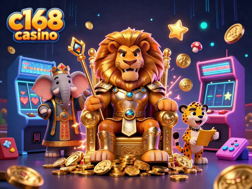 Join the thrilling action at c168 casino featuring vibrant game machines, a regal lion king, and dynamic animated characters.