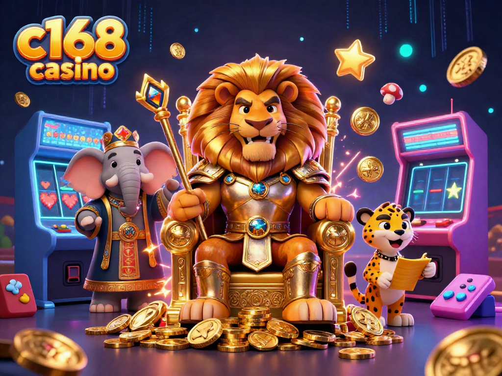 Join the thrilling action at c168 casino featuring vibrant game machines, a regal lion king, and dynamic animated characters.