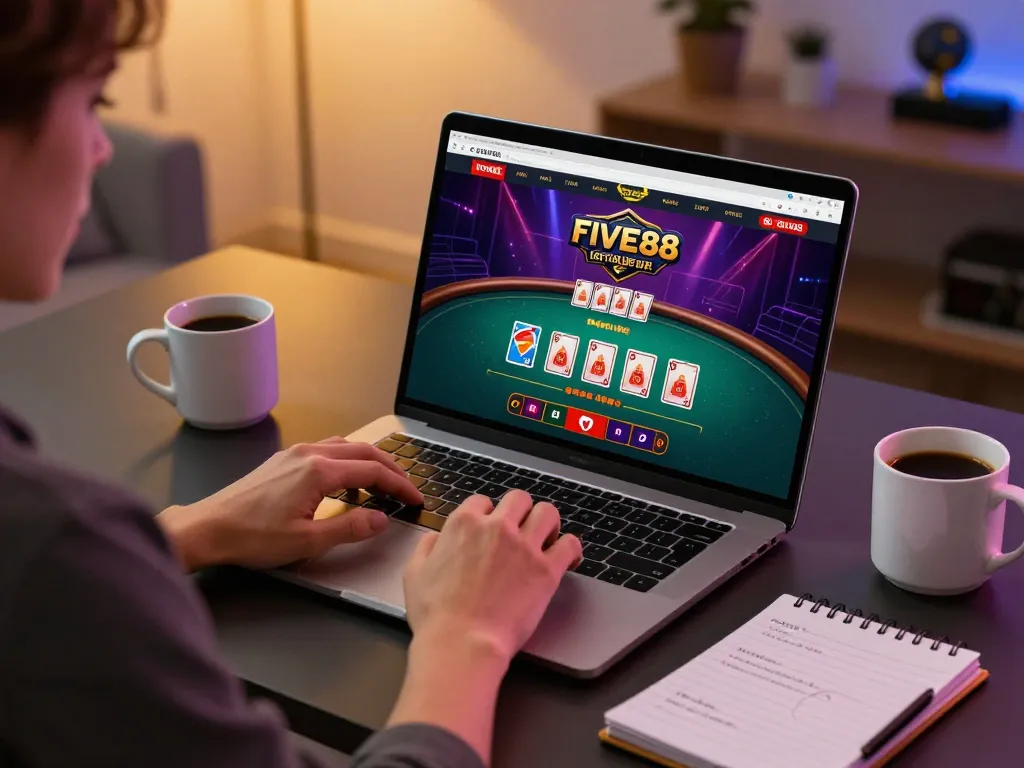 Engaging with the FIVE88 online casino platform, a player strategizes during a live game, showcasing the thrill of virtual gambling.