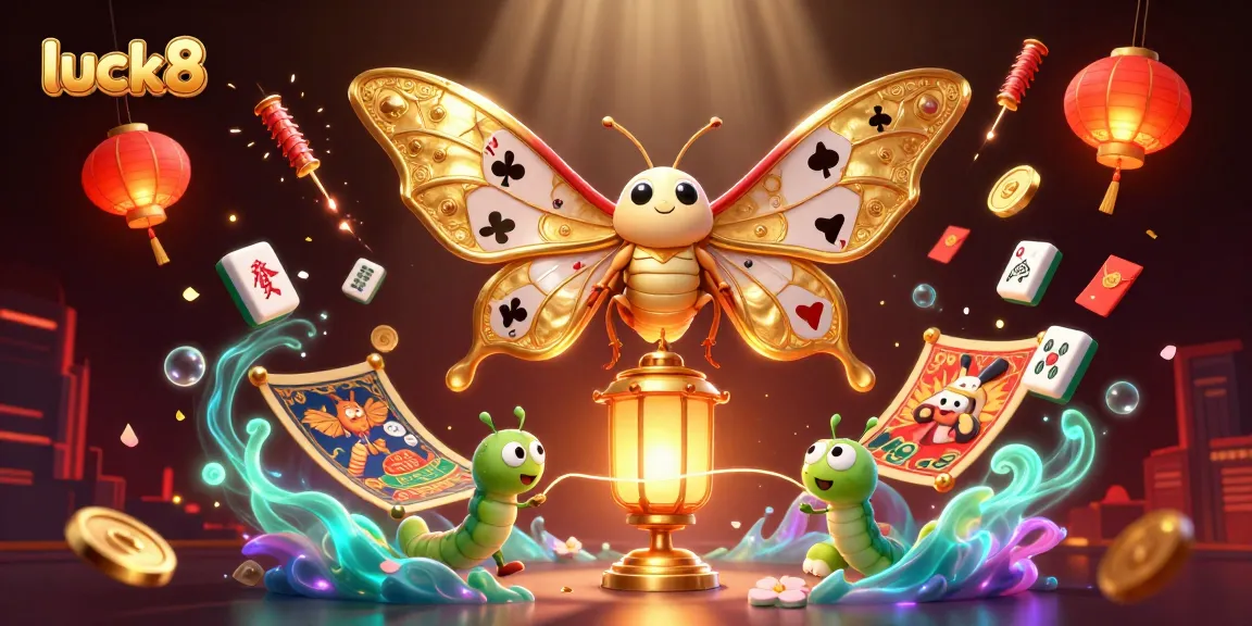 Experience luck8 with a vibrant casino scene showcasing a majestic moth and golden gaming elements.