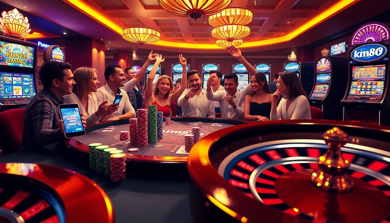 Exciting km88 casino scene with poker players, colorful chips, and a spinning roulette wheel.