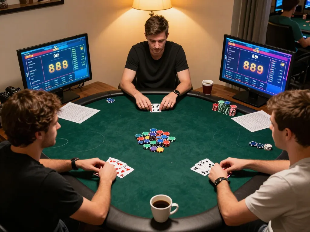 Exciting online poker game featuring players engaging with w 88, colorful screens displaying game statistics, and a cozy home setting.