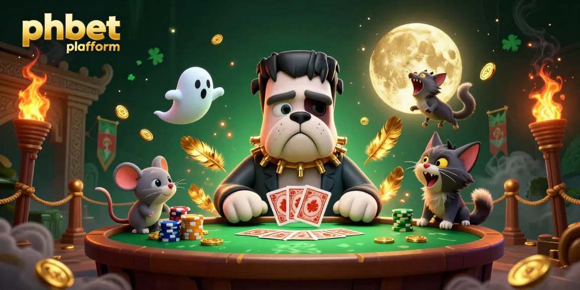 Engage with the phbet platform as a monstrous bulldog dealer surrounded by mystical casino elements.