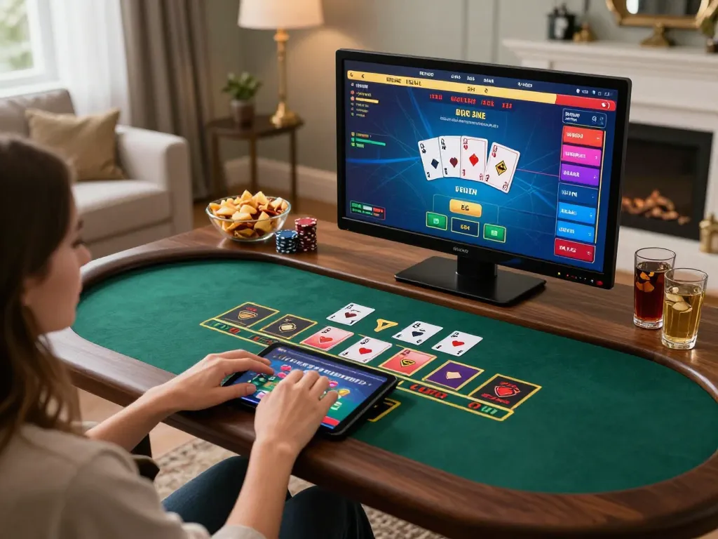 Engaging in baccarat game on fabet from a cozy home setup with stylish decor and snacks.