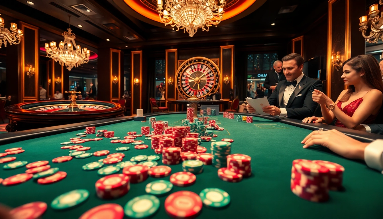 A vibrant casino scene from https://rr99.uk.com/ showcasing a poker table with colorful chips, an active roulette wheel, and exciting players.