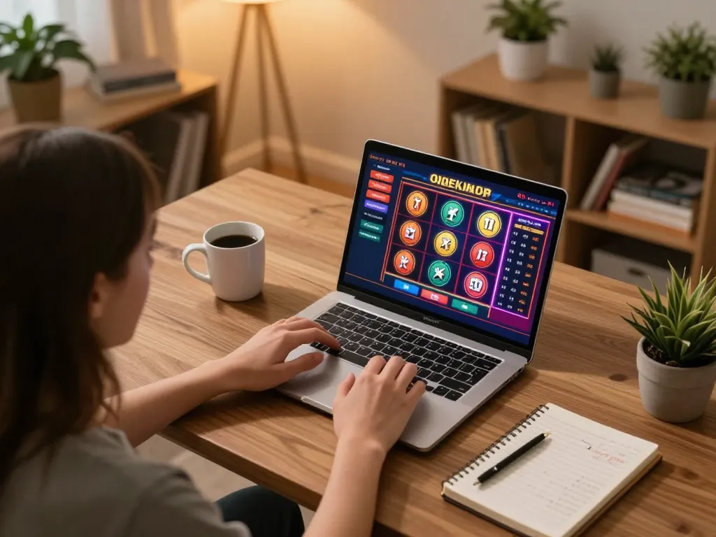 Player using laptop for online gambling at lucky88mobi, showcasing vibrant gaming interface and betting strategies.