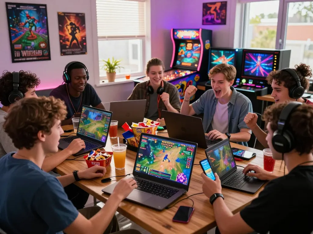 Group of friends enjoying iWinclub games together in a lively gaming room.