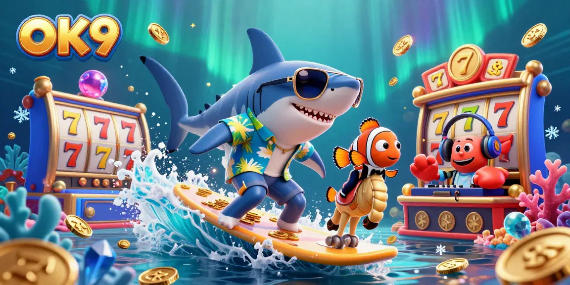 Engage with OK9's thrilling casino adventure featuring dynamic 3D characters celebrating virtual slot wins.