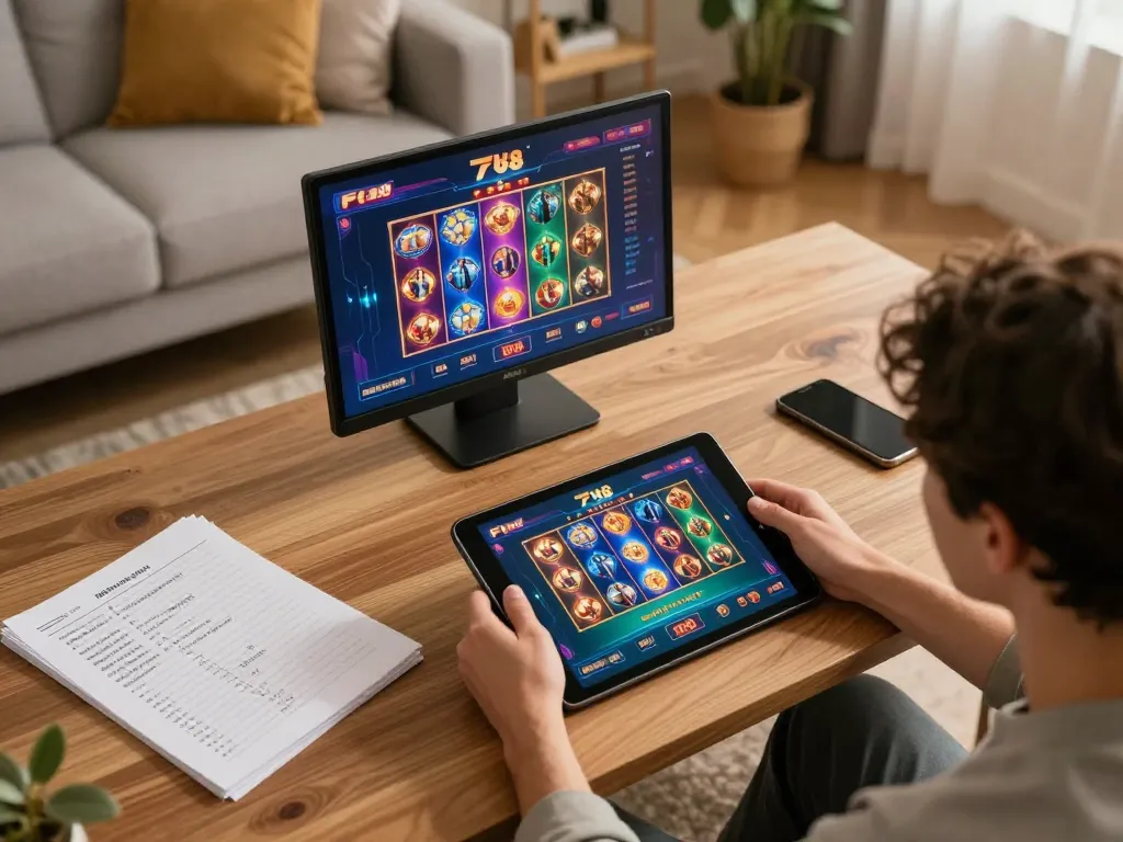 F168 user engaging with online casino games on a tablet in a cozy living room.