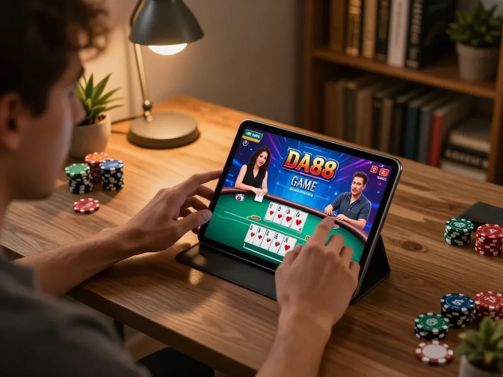 Player enjoying DA88 GAME on a tablet, showcasing a vibrant poker table interface at home with cozy ambiance.