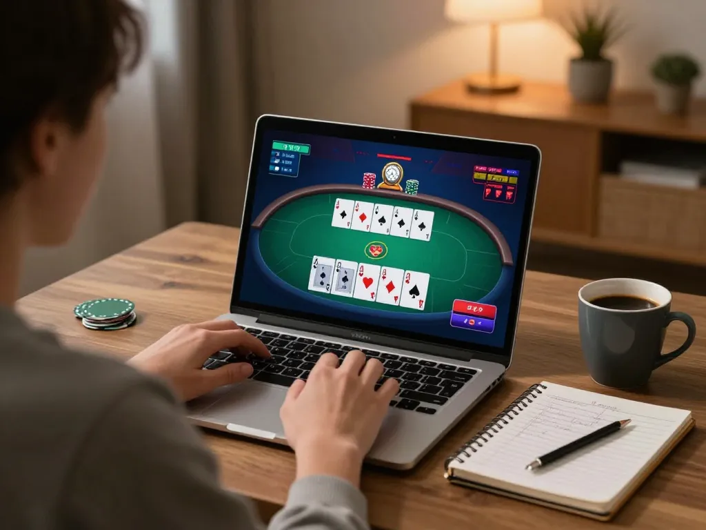 Xo88 player strategizing in a cozy home environment with poker game displayed.