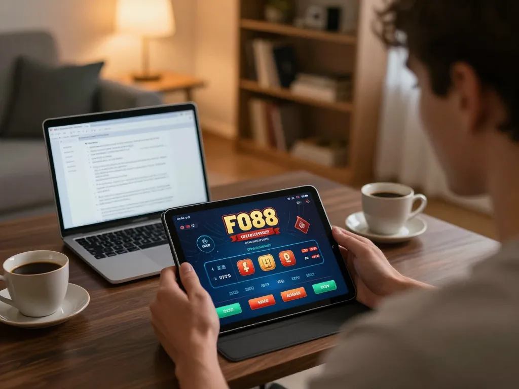 Engaged player using FO88 app on tablet, surrounded by betting notes and coffee, illustrating responsible online gaming