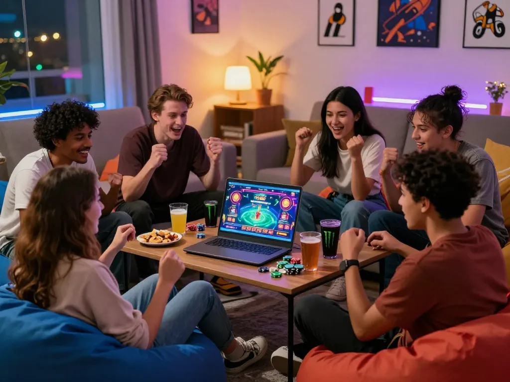 Group enjoying TOP88 online gaming in cozy living room with snacks.